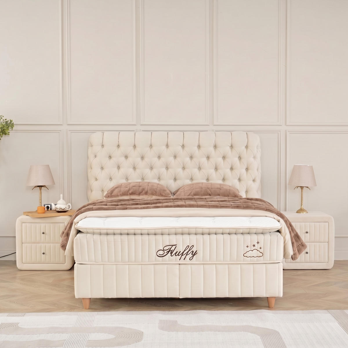 BOXBETT Fluffy Set Beige Boxspringbett 140x200 mit Matratze inkl. Lieferung - Beige, Holz (140/200cm) - Gowoll