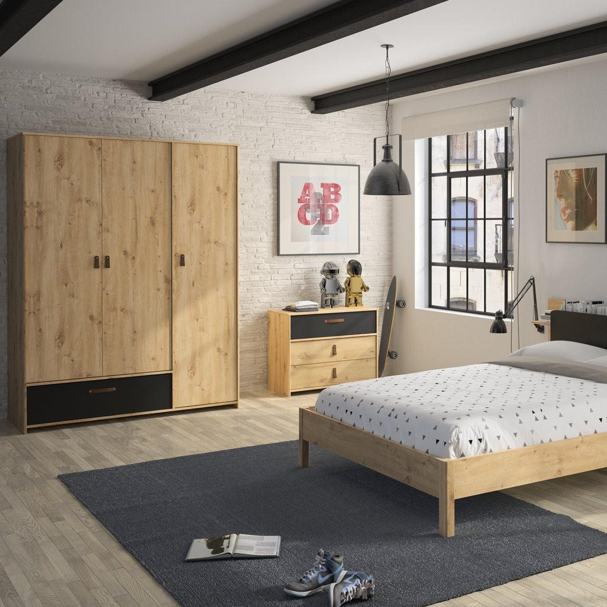 KLEIDERSCHRANK 3 Türen 1 Schublade industrieller Stil Eiche Handwerkskunst - Französische Herstellung - 60/152/200 cm - Apfelbaumfarben, Holzwerkstoff (152/200/60cm) - Calicosy