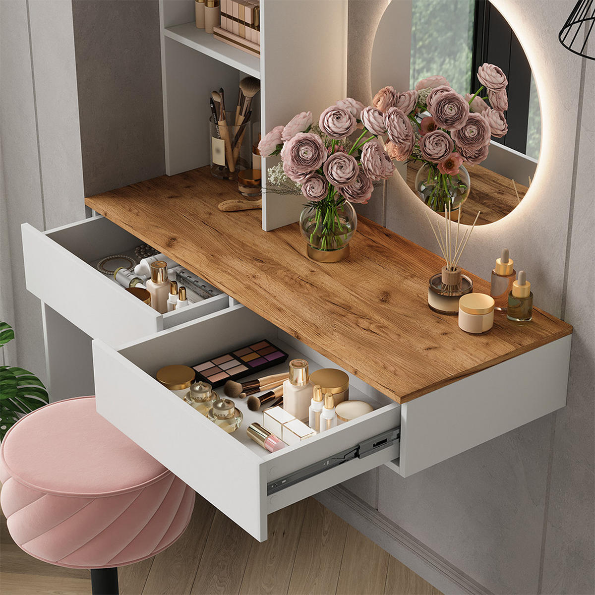 TOALETNÍ STOLEK Melora Bílá/dub - bílá, kompozitní dřevo (100/155/40cm) - Vicco