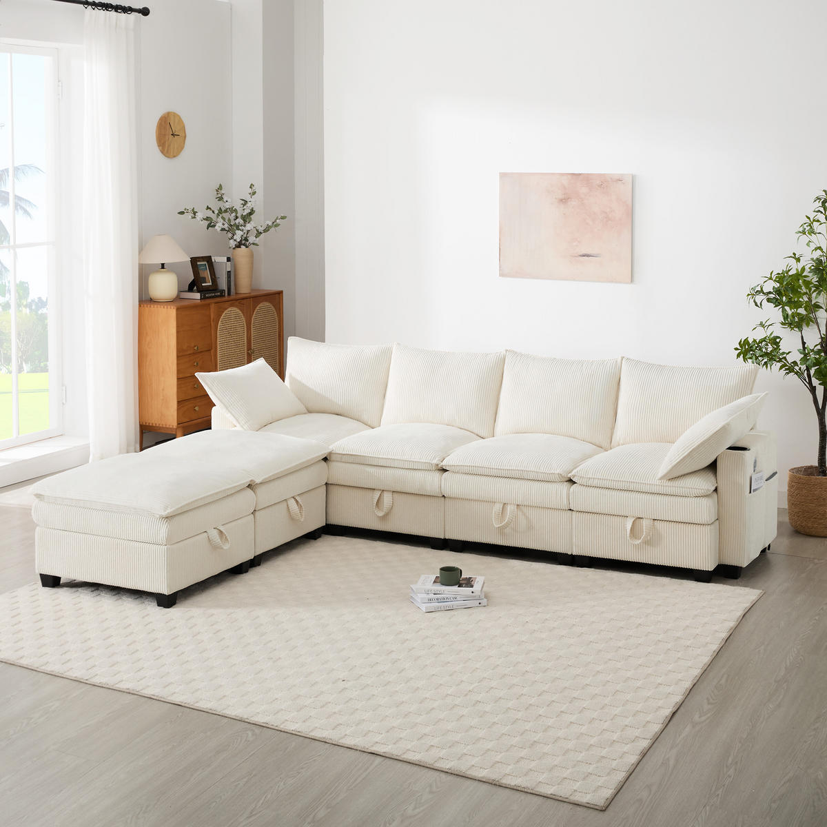 WOHNLANDSCHAFT Cord mit 2 Hockern und USB-Anschluss Stauraum 280/151/82 cm Beige - Beige, Kunststoff/Textil (82/280/151cm) - Redom