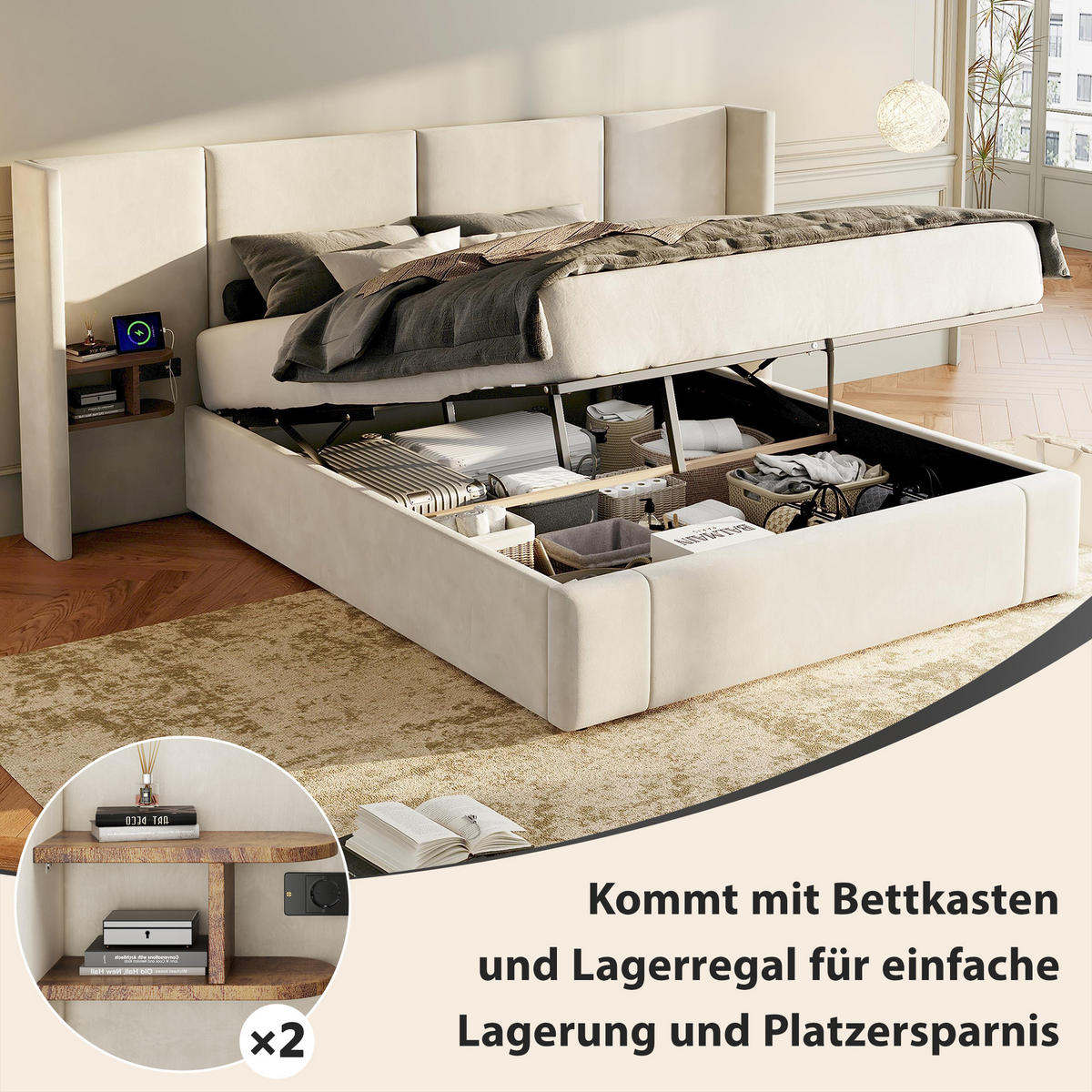 POLSTERBETT 160/200 cm Beige Samt mit hydraulischem Bettkasten und USB- und Type-C-Anschlüssen - Beige, Textil (160/200cm) - OKWISH