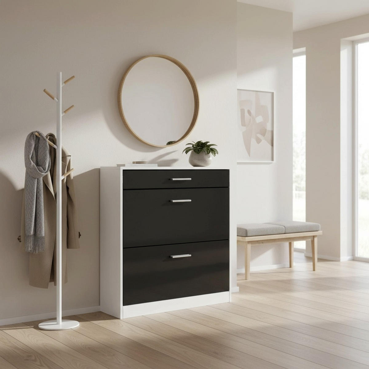 SCHUHSCHRANK Roma Schmal mit 2 Klappen und 1 Schublade, Platzsparender Schuhkipper, Weiß matt/Schwarz matt (89 x 95,5 x 23 cm) - Schwarz, Holzwerkstoff (89/95.5/23cm) - InnoFurn