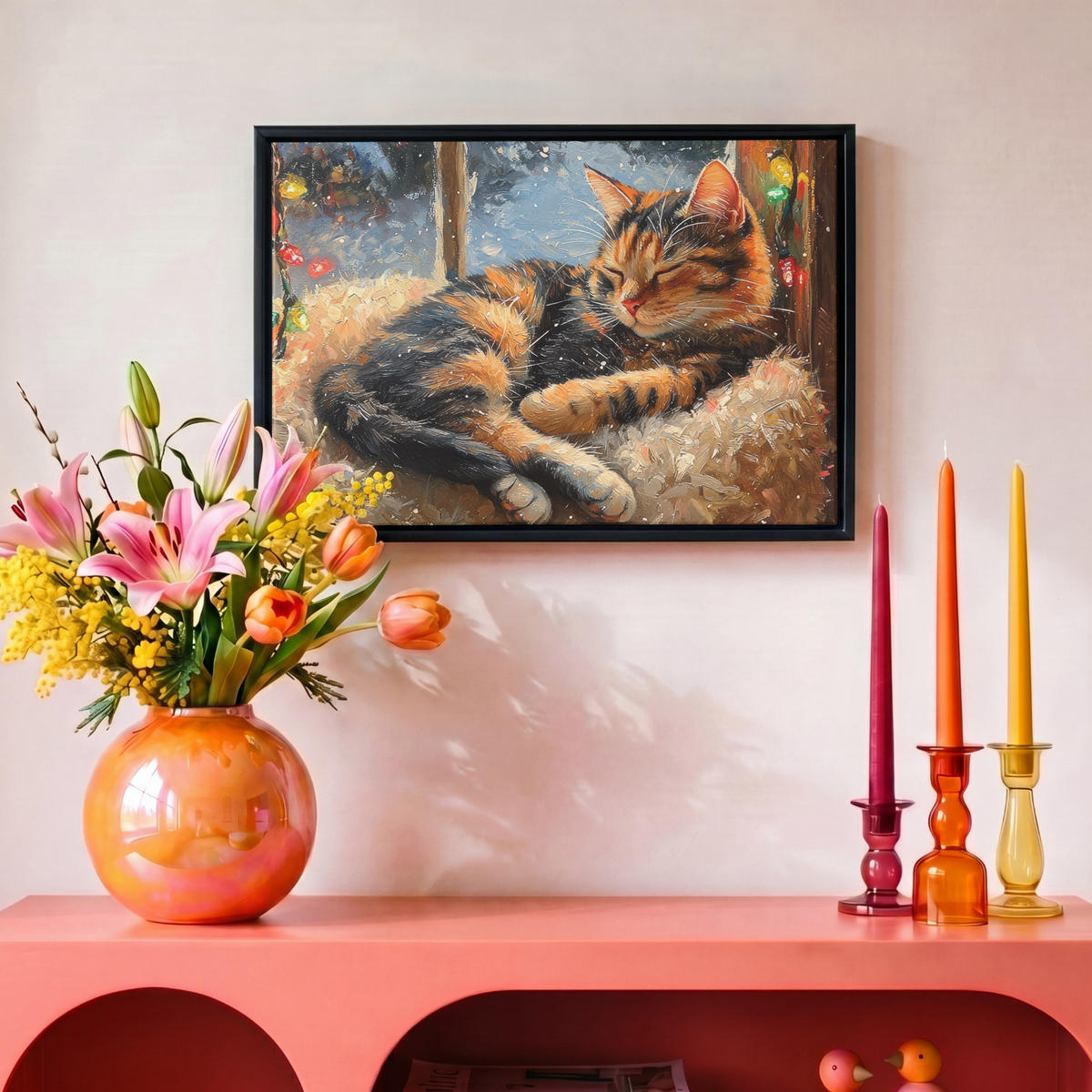 LEINWAND Bilder mit Rahmen - Katze - Weihnachten - Winter - Tier - 30x20 - Bernsteinfarben, Textil (30/20cm) - MuchoWow