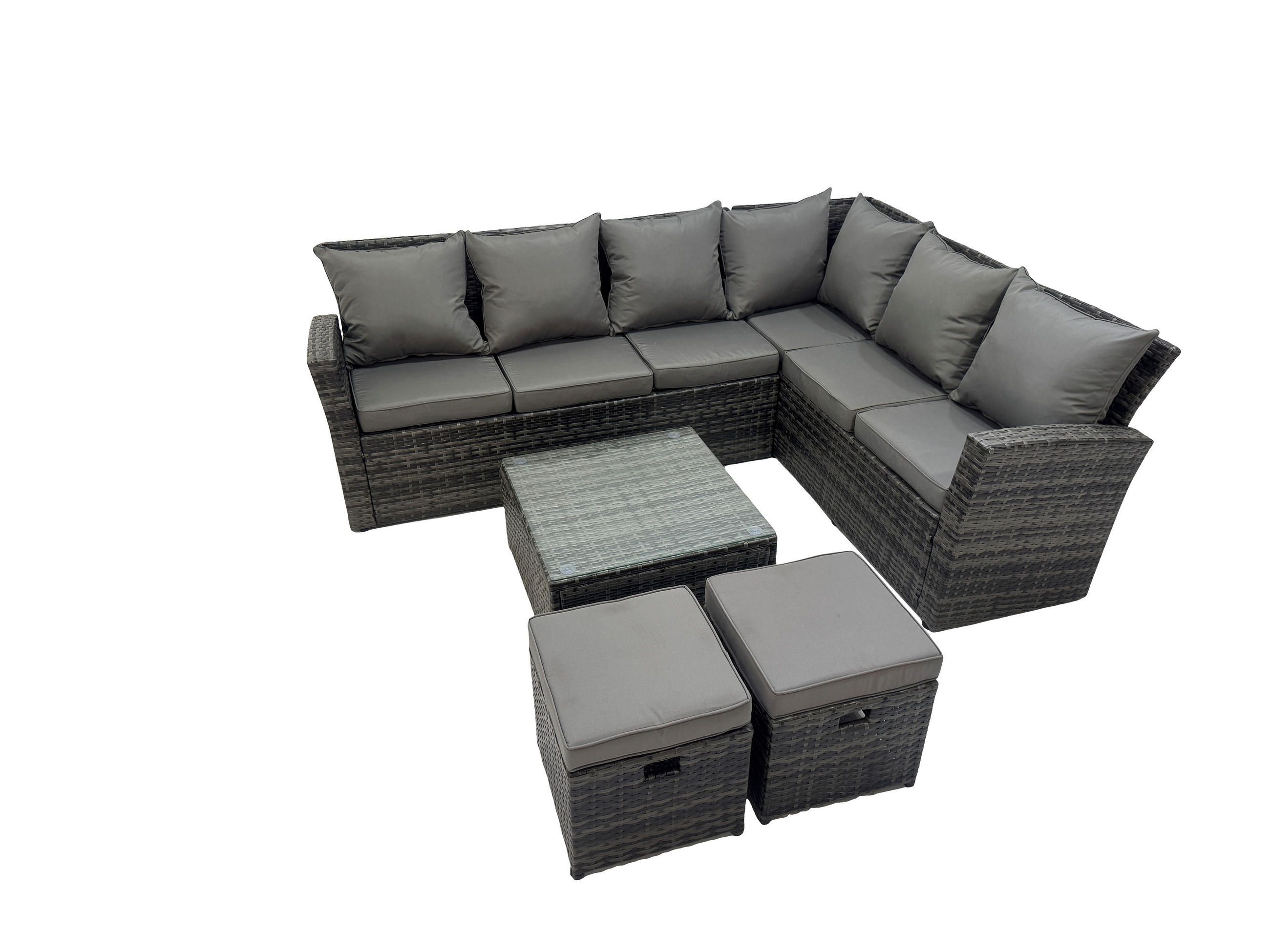 GARTENSOFA SET Hohe Rückenlehne Polyrattan Dunkelgrauer Mix 8-Sitzer - Dunkelgrau/Grau, Glas/Kunststoff - Fimous