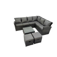 GARTENSOFA SET Hohe Rückenlehne Polyrattan Dunkelgrauer Mix 8-Sitzer - Dunkelgrau/Grau, Glas/Kunststoff - Fimous