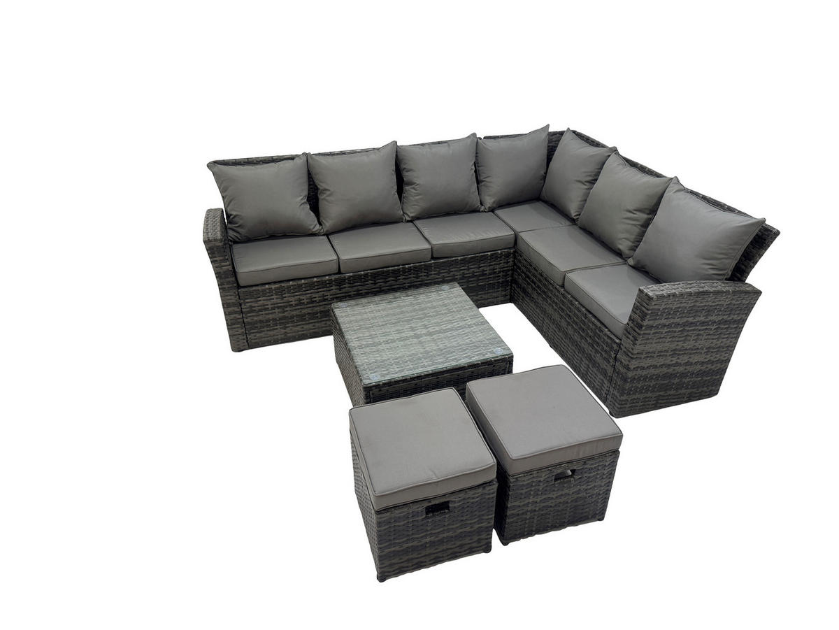 GARTENSOFA SET Hohe Rückenlehne Polyrattan Dunkelgrauer Mix 8-Sitzer - Dunkelgrau/Grau, Glas/Kunststoff - Fimous