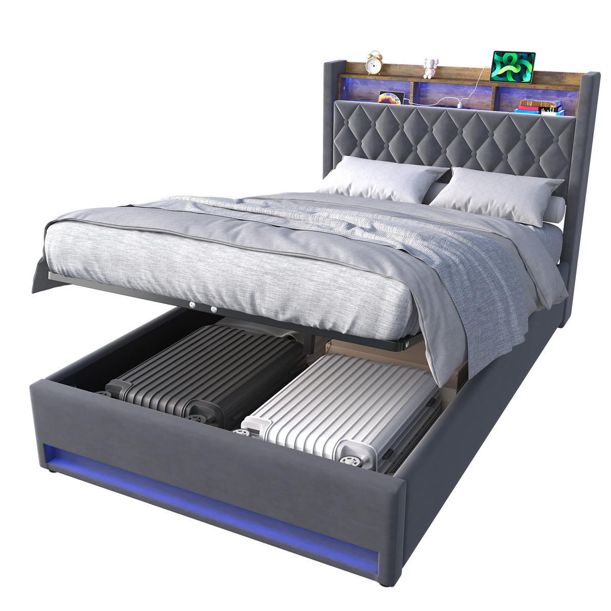 POLSTERBETT 140/190 cm in Grau Samt mit Bettkasten, LED-Beleuchtung und USB-Anschluss - Grau, Holzwerkstoff/Textil (140/190cm) - CHICFURN