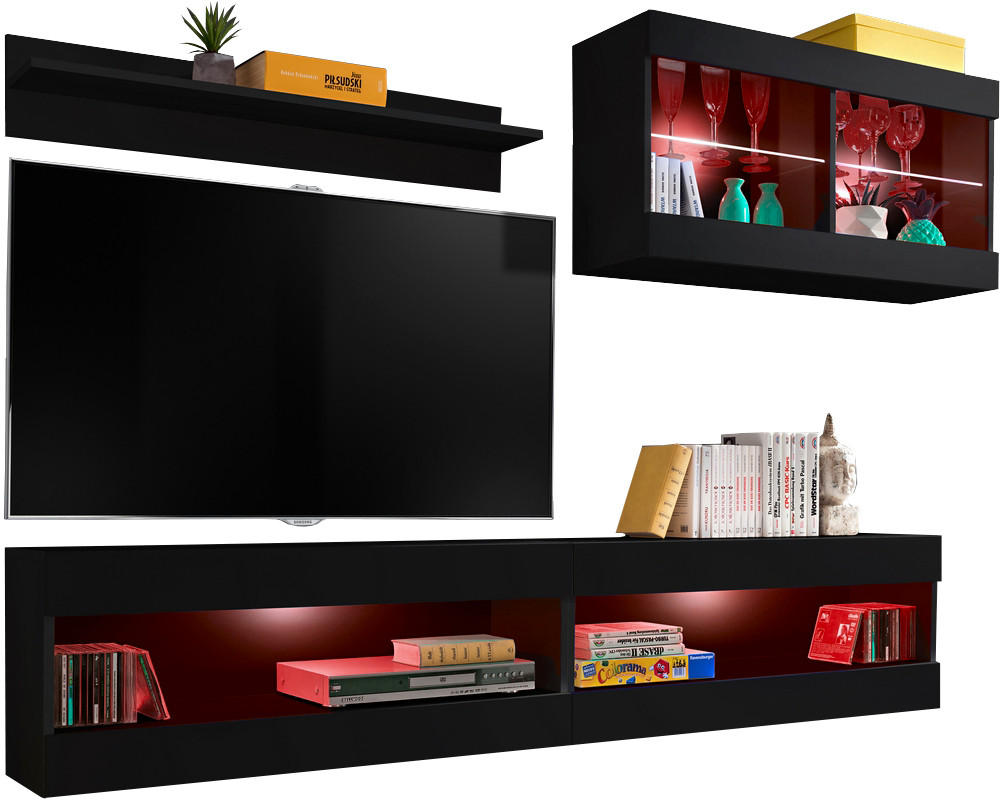 WOHNWAND 4-er Set, TIVOLI SET6 mit mehrfarbige LED RGB Beleuchtung Schwarz + Schwarz, Offener Raum - Eiche Wotan/Schwarz, Glas/Holzwerkstoff (240/195/35cm) - Komodee