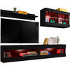 WOHNWAND 4-er Set, TIVOLI SET6 mit mehrfarbige LED RGB Beleuchtung Schwarz + Schwarz, Offener Raum - Eiche Wotan/Schwarz, Glas/Holzwerkstoff (240/195/35cm) - Komodee