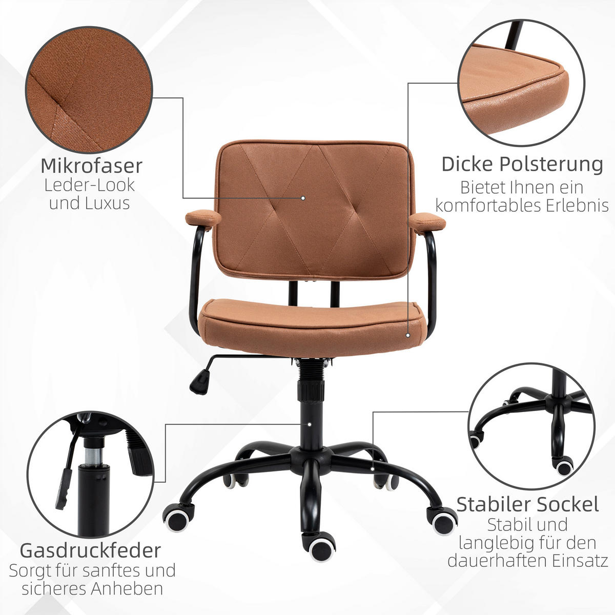 BÜROSTUHL mit Rollen, Drehstuhl, Braun - Braun, Metall (58/91/61cm) - Vinsetto