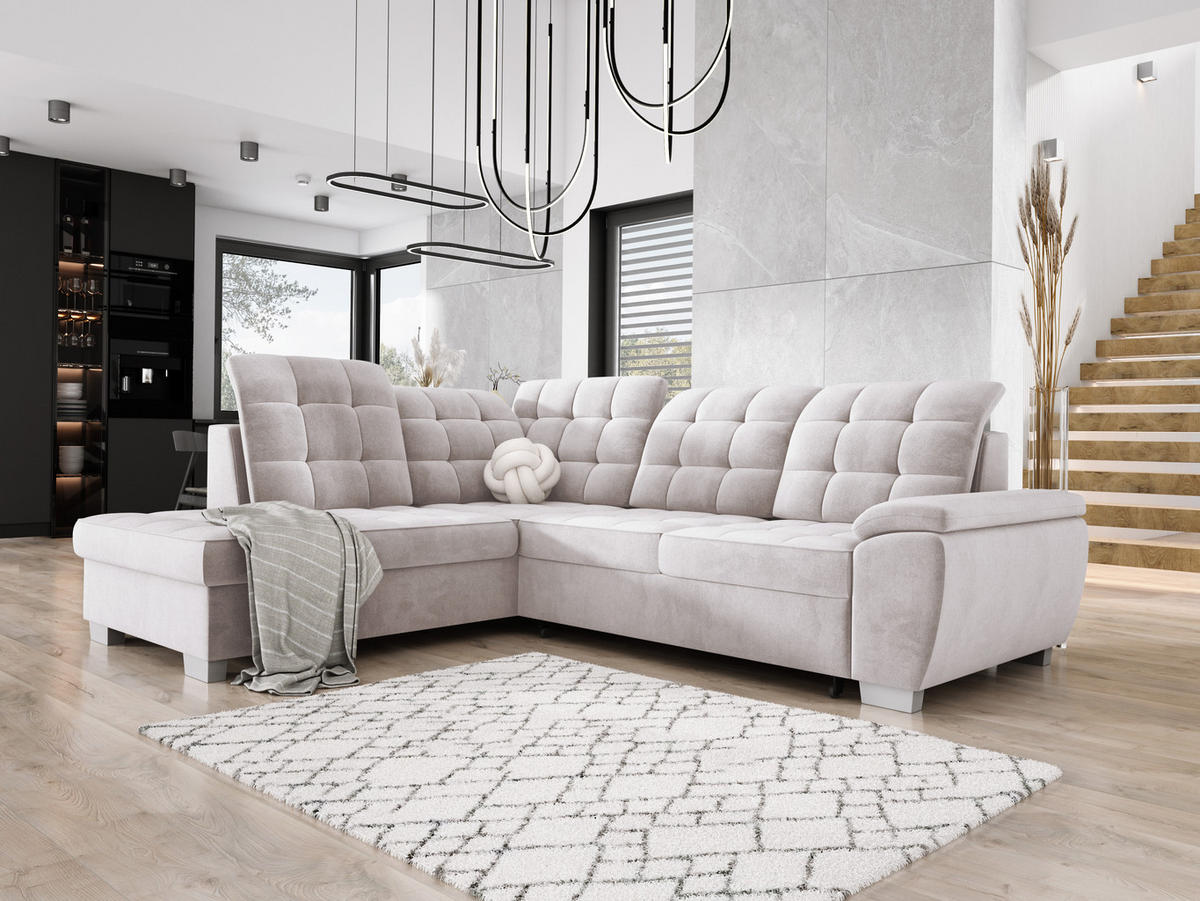 ECKSOFA LOTTA SALVADOR Bettkasten verstellbare Kopfstützen hochwertige Verarbeitung lose Rückenkissen freistehend LINKS 212x258x106 cm Silver - Silberfarben, Holz/Textil (212/258cm) - DomoHome