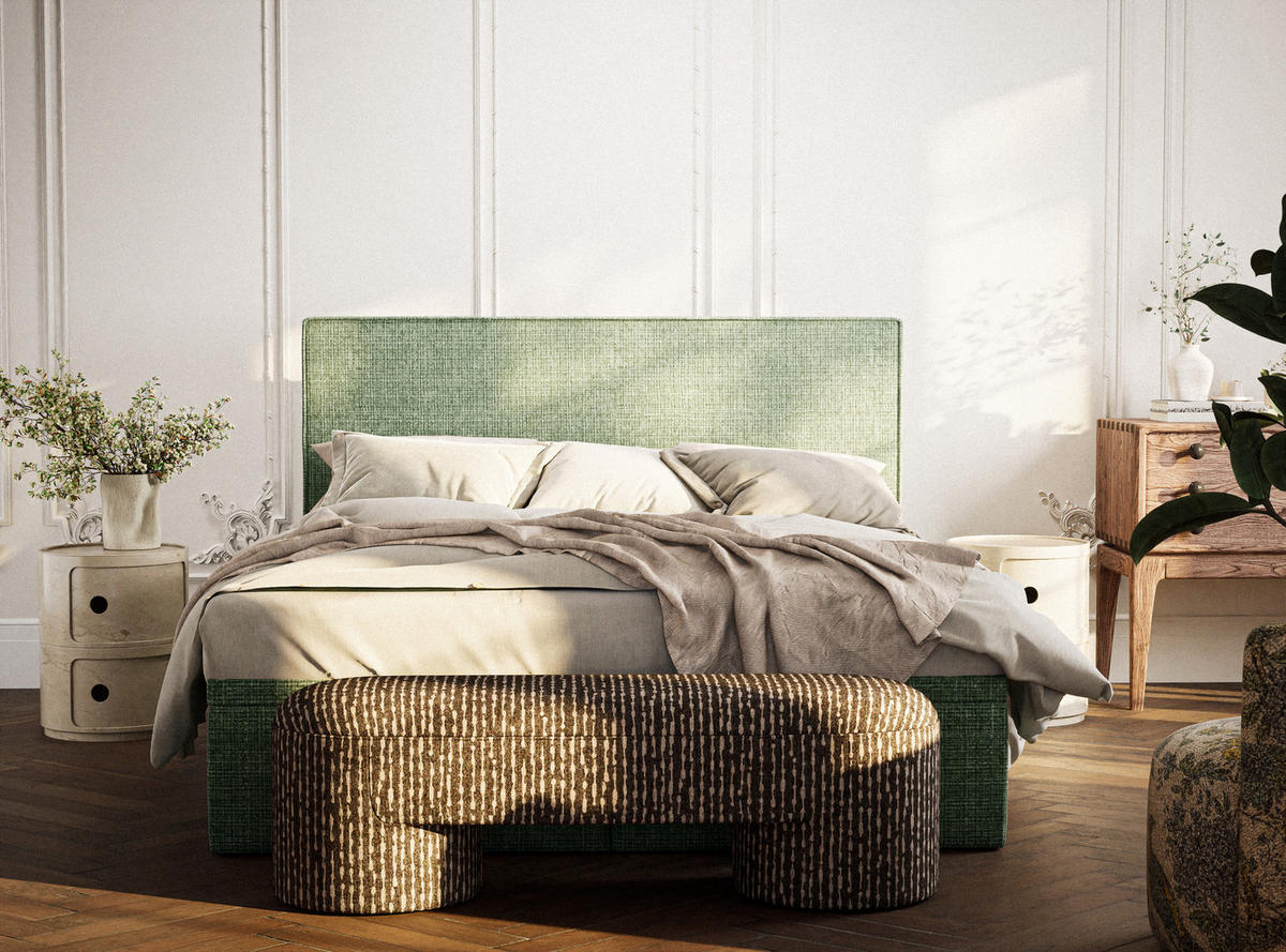 BOXBETT 180/200 cm Tegal, in Grün, Matratze, gepolstertes Kopfteil, Bettkasten, H3 = fest - Schwarz/Grün, Holz/Holzwerkstoff (180/200cm) - Maison de Reve