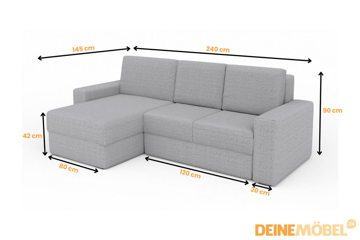 ECKSOFA TOCO L 240x145 cm in Cord Hellgrau rechts - Hellgrau, Holz/Holzwerkstoff (240/145cm) - Deine Möbel 24