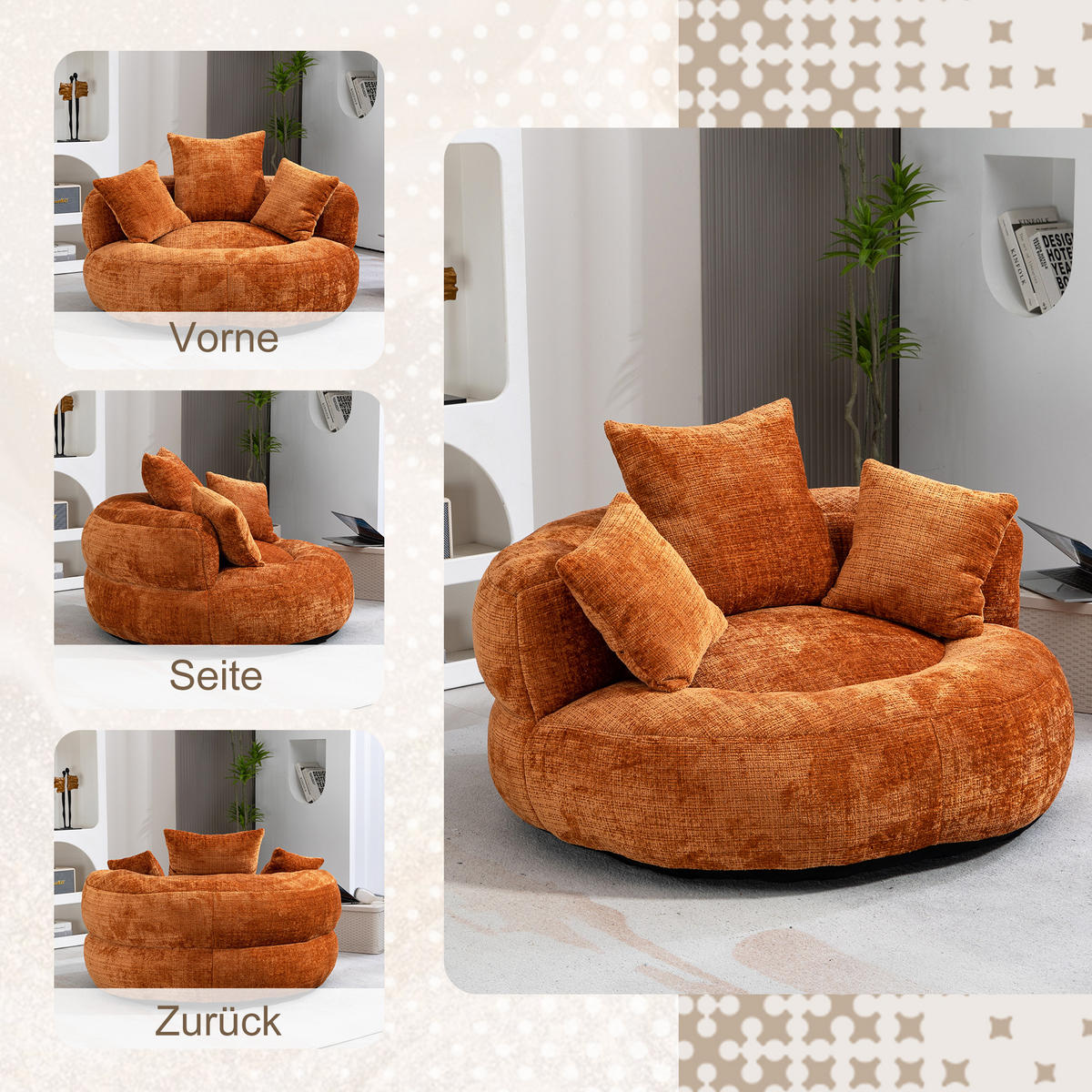 SITZSACK in Chenille mit 3 Kissen - Orange, Textil (108/52/108cm) - Urban Meuble