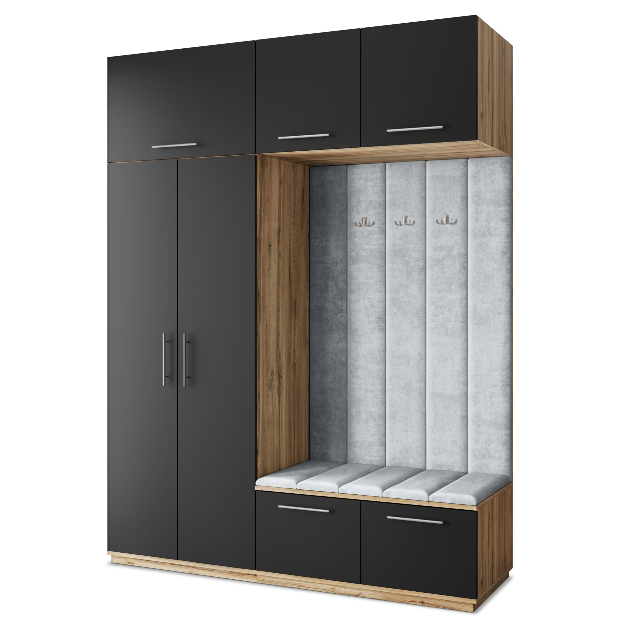 Masseno Garderobenschrank Eiche Wotan, Schwarz, Hellgrau 180x240x60 cm