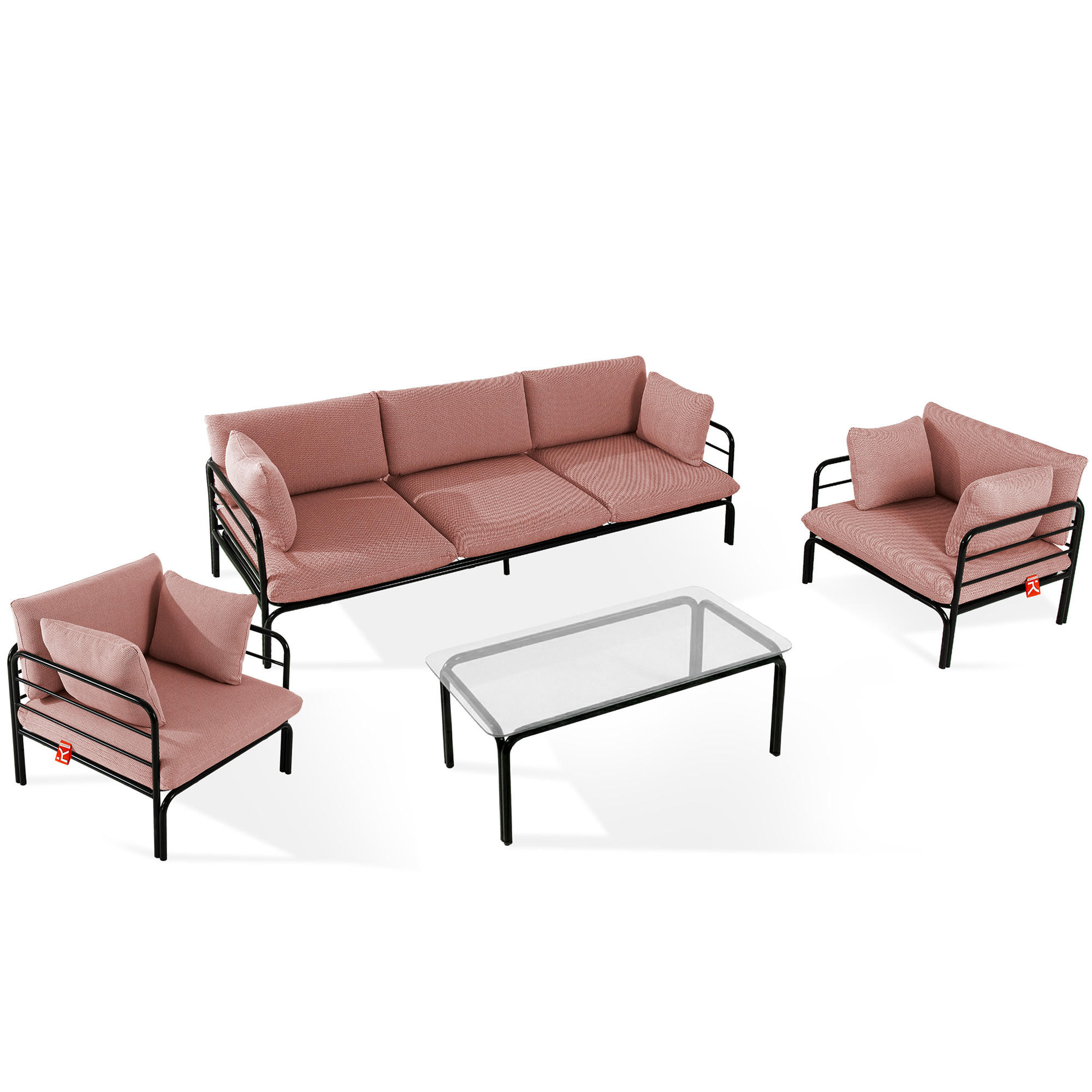 GARTENMÖBELSET RAMBE 4-tlg. 1x Tisch 2x Sessel 1x Sofa 3-Sitzer, mit Auflage, Stahlrahmen, LOFT-STIL, Anthrazit - Anthrazit/Rot, Glas/Textil - KONSIMO®