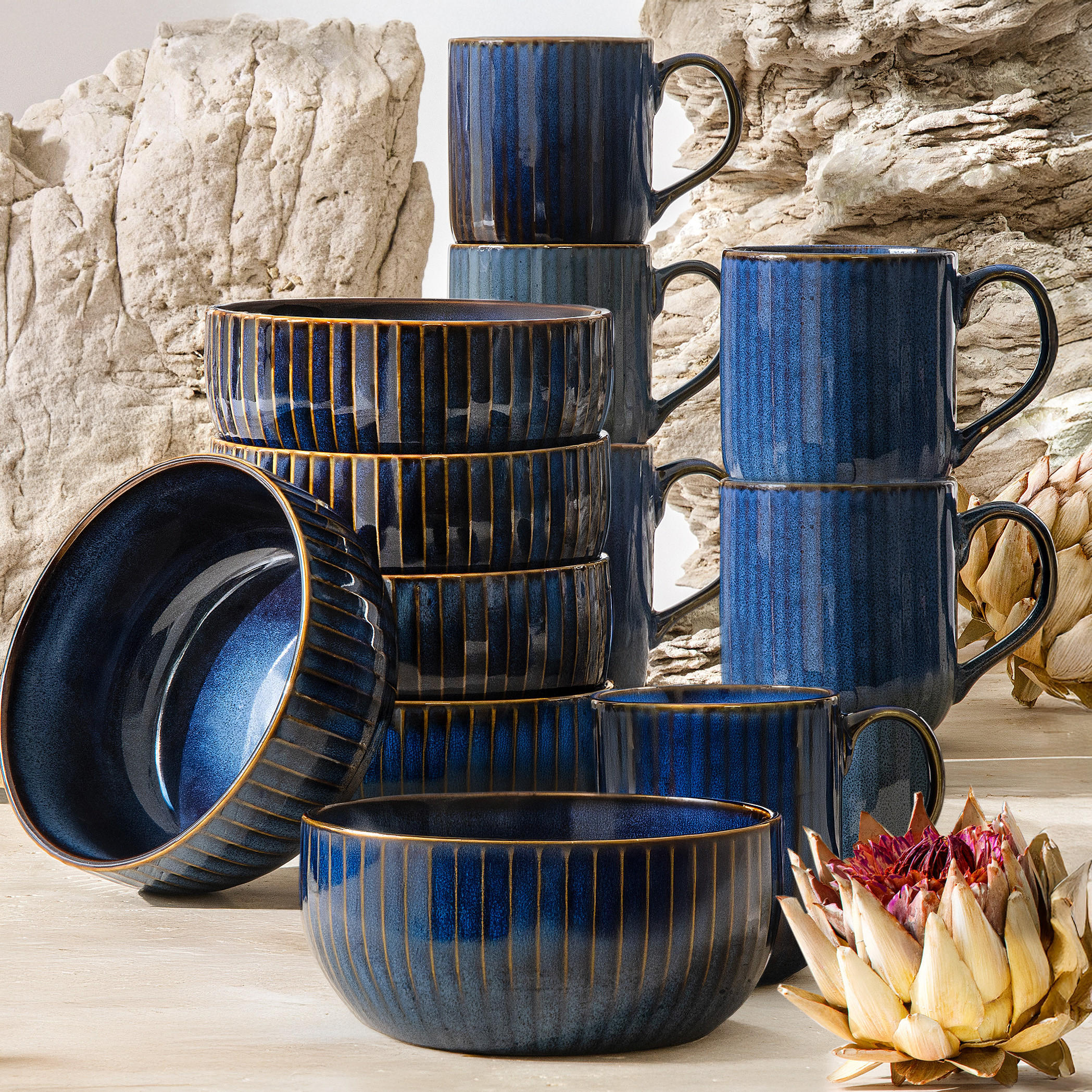 FRÜHSTÜCKS-SET AD STRIPES 6 PERSONEN, 12-tlg - Dunkelblau, Keramik (15/10/15cm) - KONSIMO®