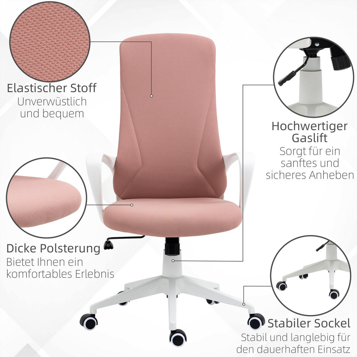 BÜROSTUHL, PC Stuhl, Stretchstoff, Rosa - Rosa, Textil (56/119.5/62cm) - Vinsetto
