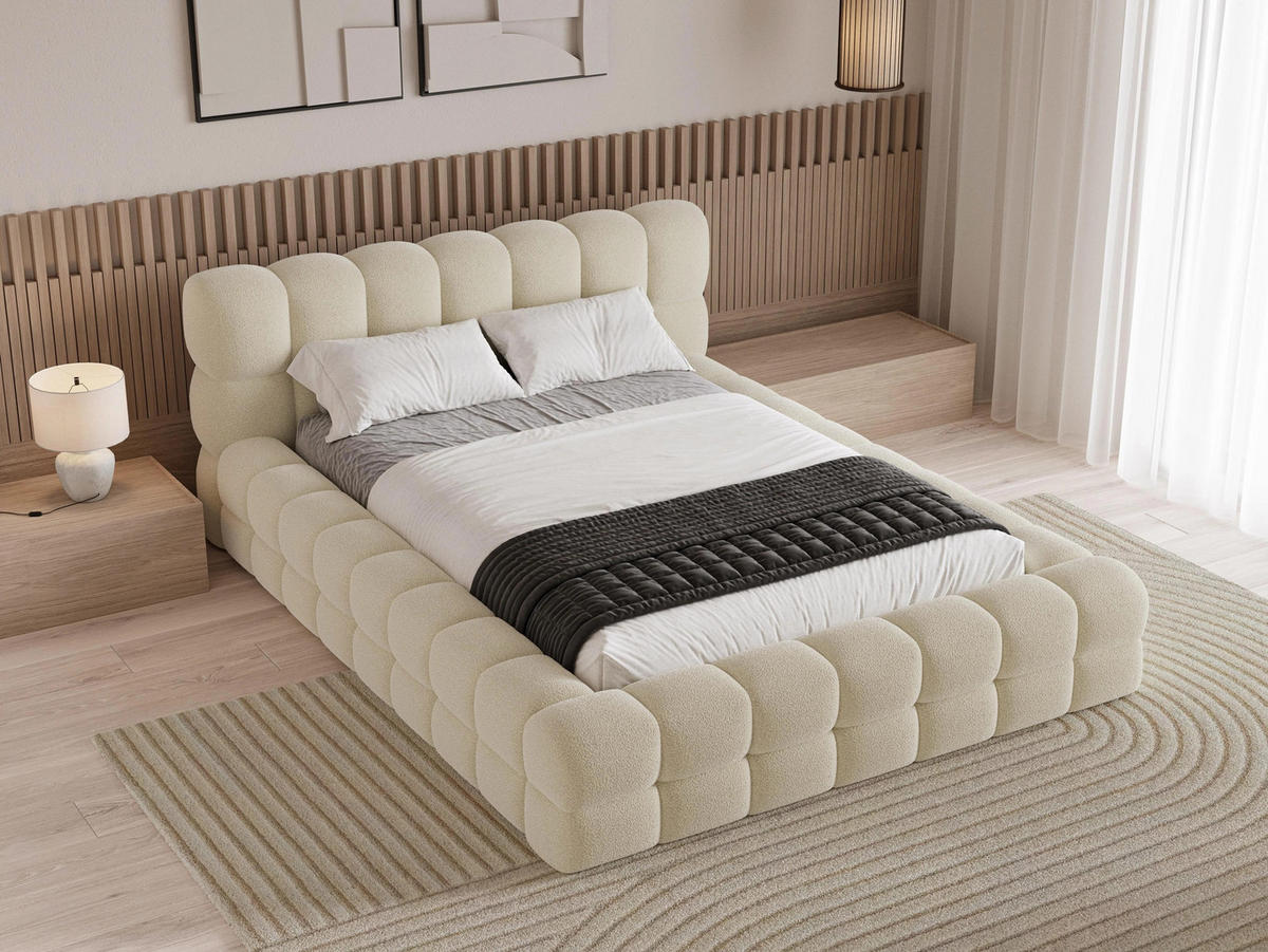 POLSTERBETT Verona 140x200 cm mit stabilem Metallrahmen, Bettkasten, Lattenrost und markantem Kopfteil - Bouclé Beige - Beige, Textil/Metall (140/200cm) - Chilly