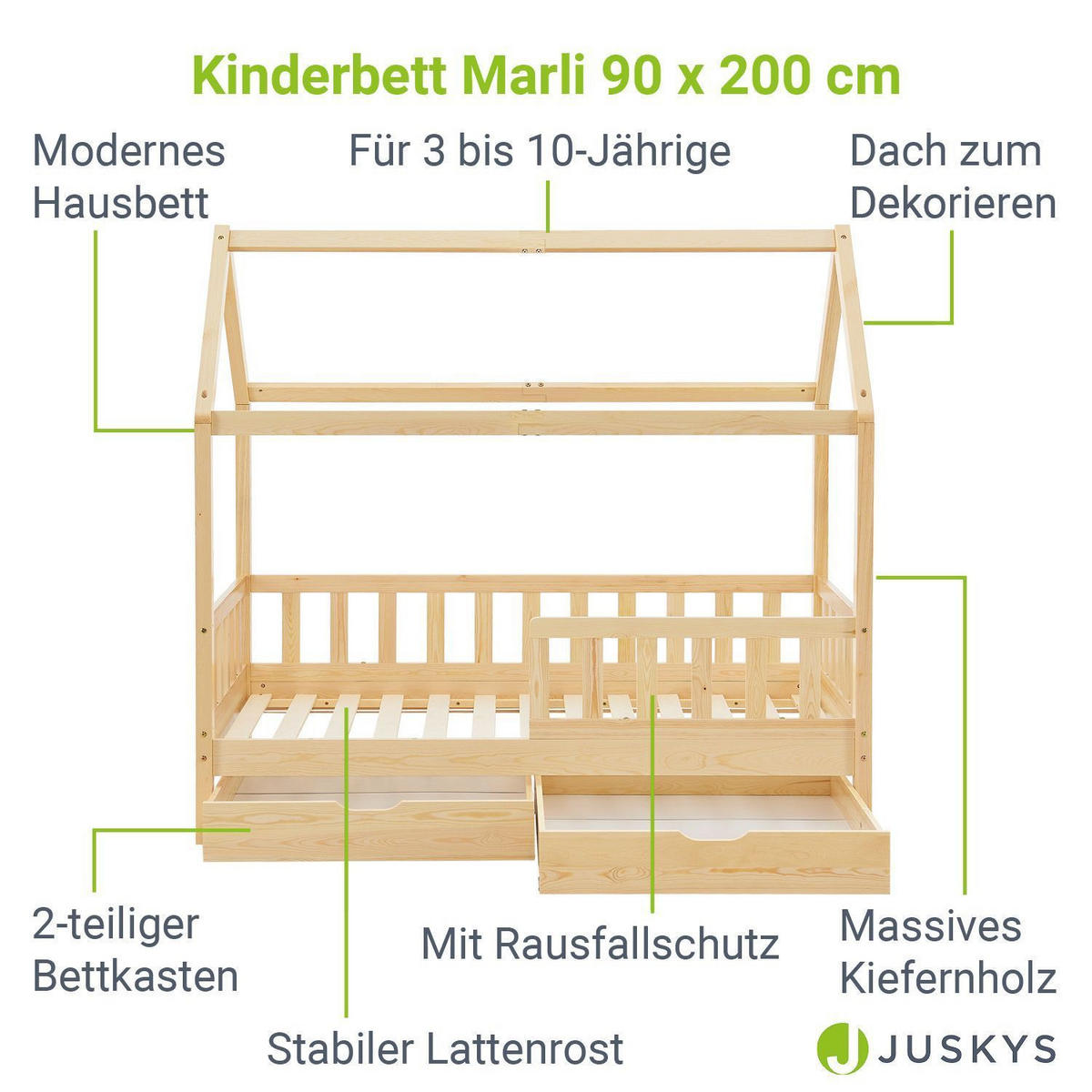 KINDERBETT Marli mit Matratze und Bettkasten natur 90x200 cm - Naturfarben, Holz (90/200cm) - Juskys
