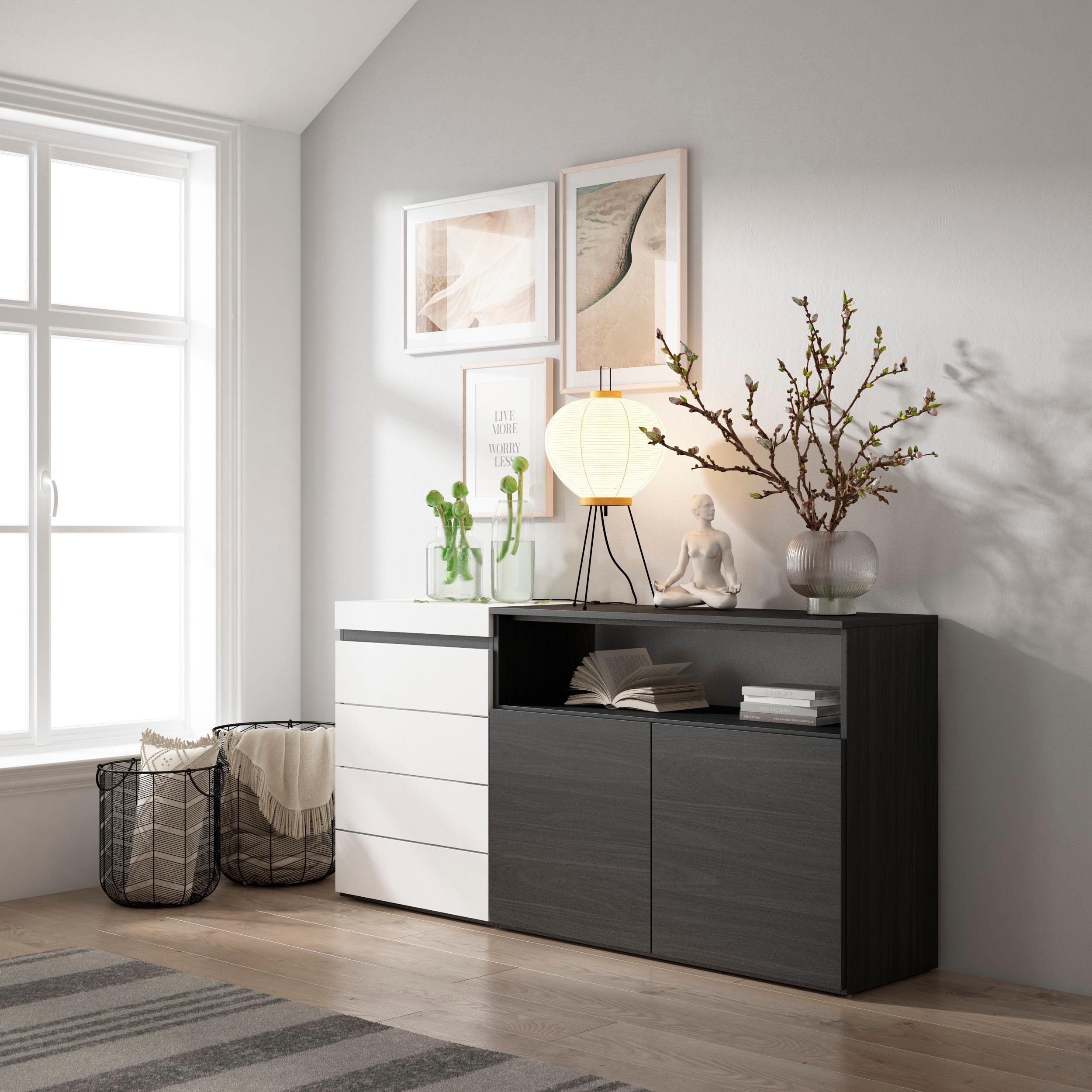 KOMMODE mit Schubladen, Sideboard Schrank, weiß und schwarz, 158/35/75cm - Weiß, Holzwerkstoff (158/75/35cm) - Skraut Home