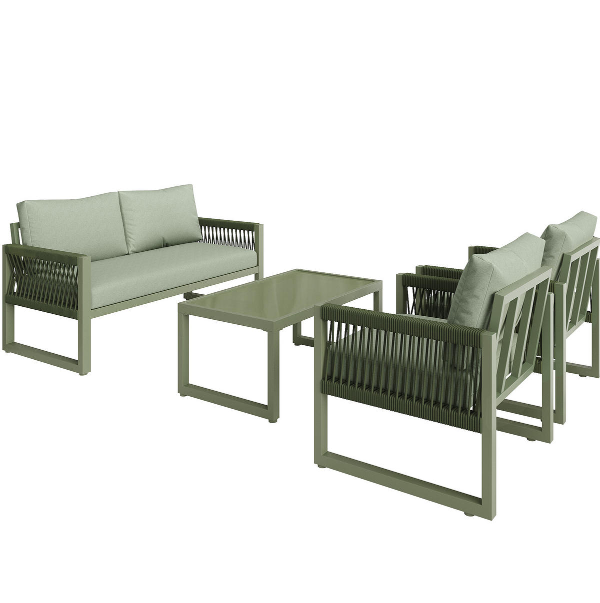 GARTEN-LOUNGE-SET mit Glas-Couchtisch & Seilgeflecht, 4-teilig, 126/65/72 cm, Grün - Grün, Metall - Redom