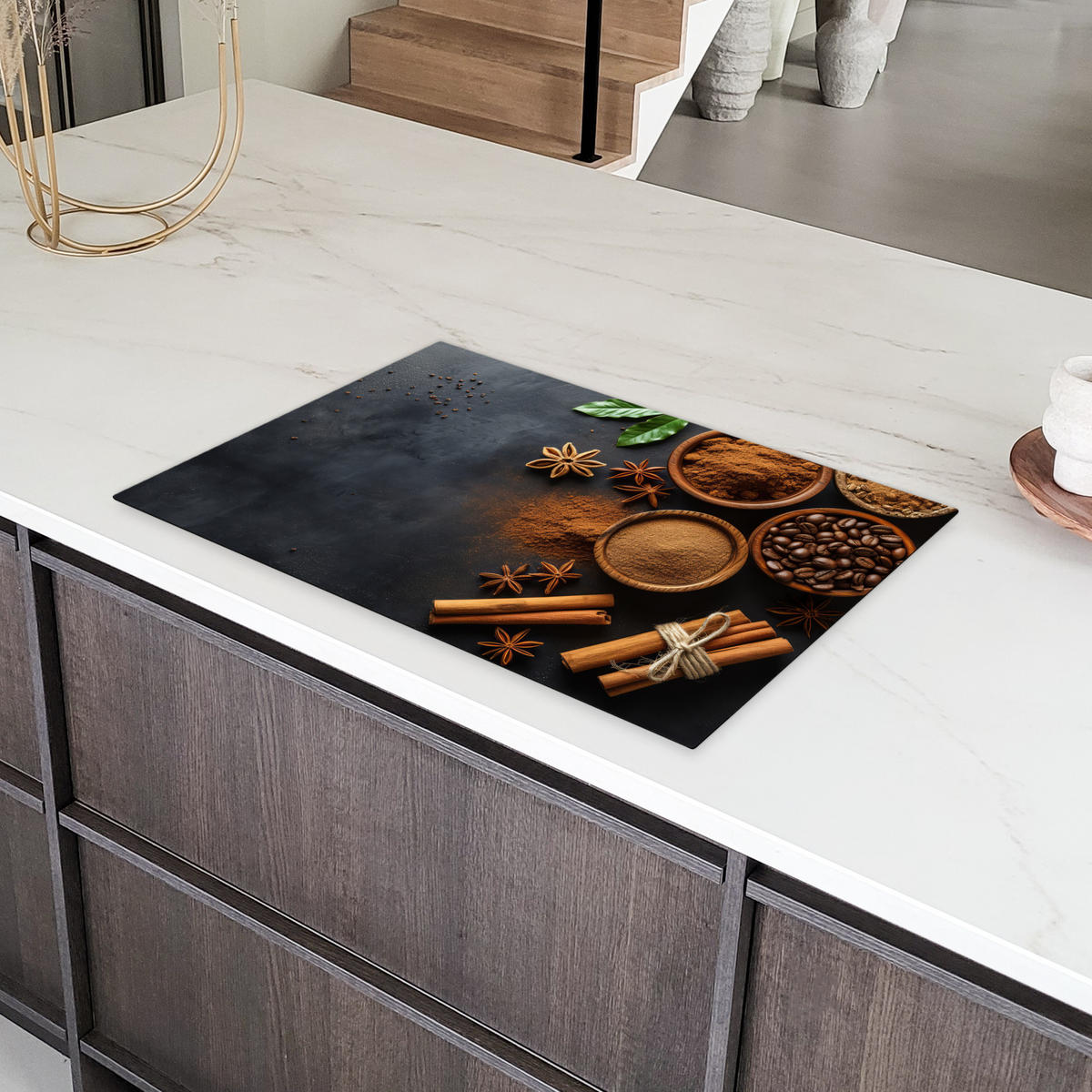 HERDABDECKPLATTE Zimt - Beton - Kaffee - Zimtstangen - Gewürze 80x52 cm - Mokka, Kunststoff (80.2/0.2/52.2cm) - MuchoWow