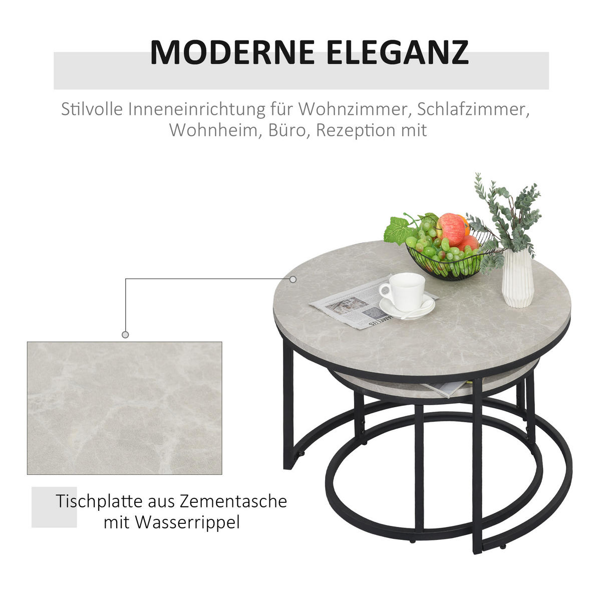 COUCHTISCH 2er-Set, Beistelltisch mit Metallgestell, stapelbar Sofatisch Grau - Hellgrau/Schwarz, Kunststoff (78.5/78.5/46.5cm) - HOMCOM