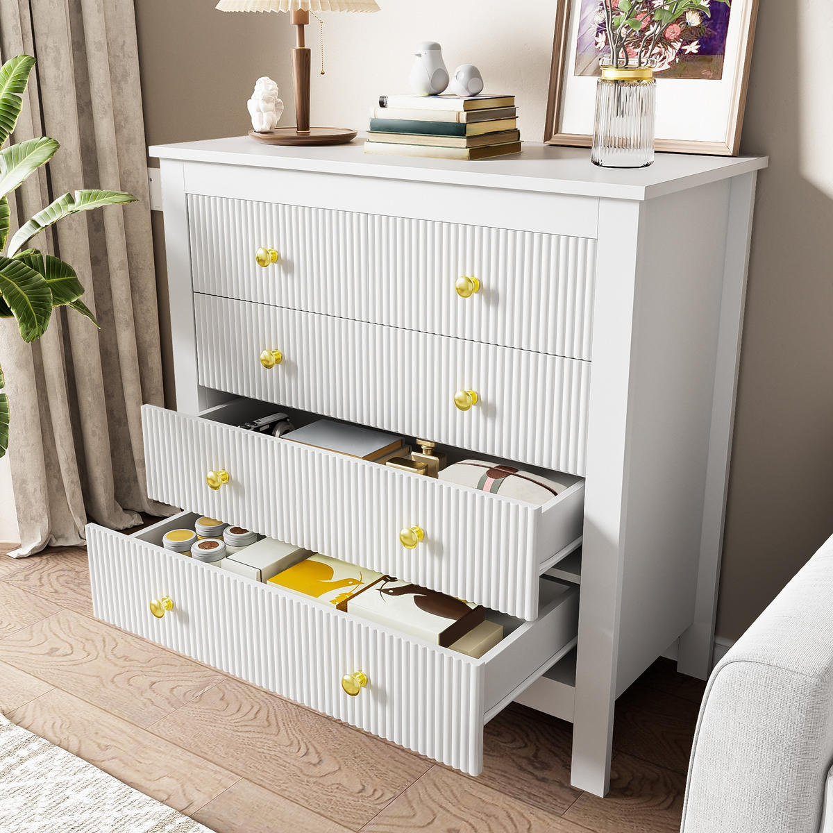KOMMODE in Weiß mit Spezialtüren und 5 Schubladen für Wohnzimmer, B79/T39.5/H80.5 cm - Weiß, Holzwerkstoff (79/80.05/39.5cm) - STILVORA