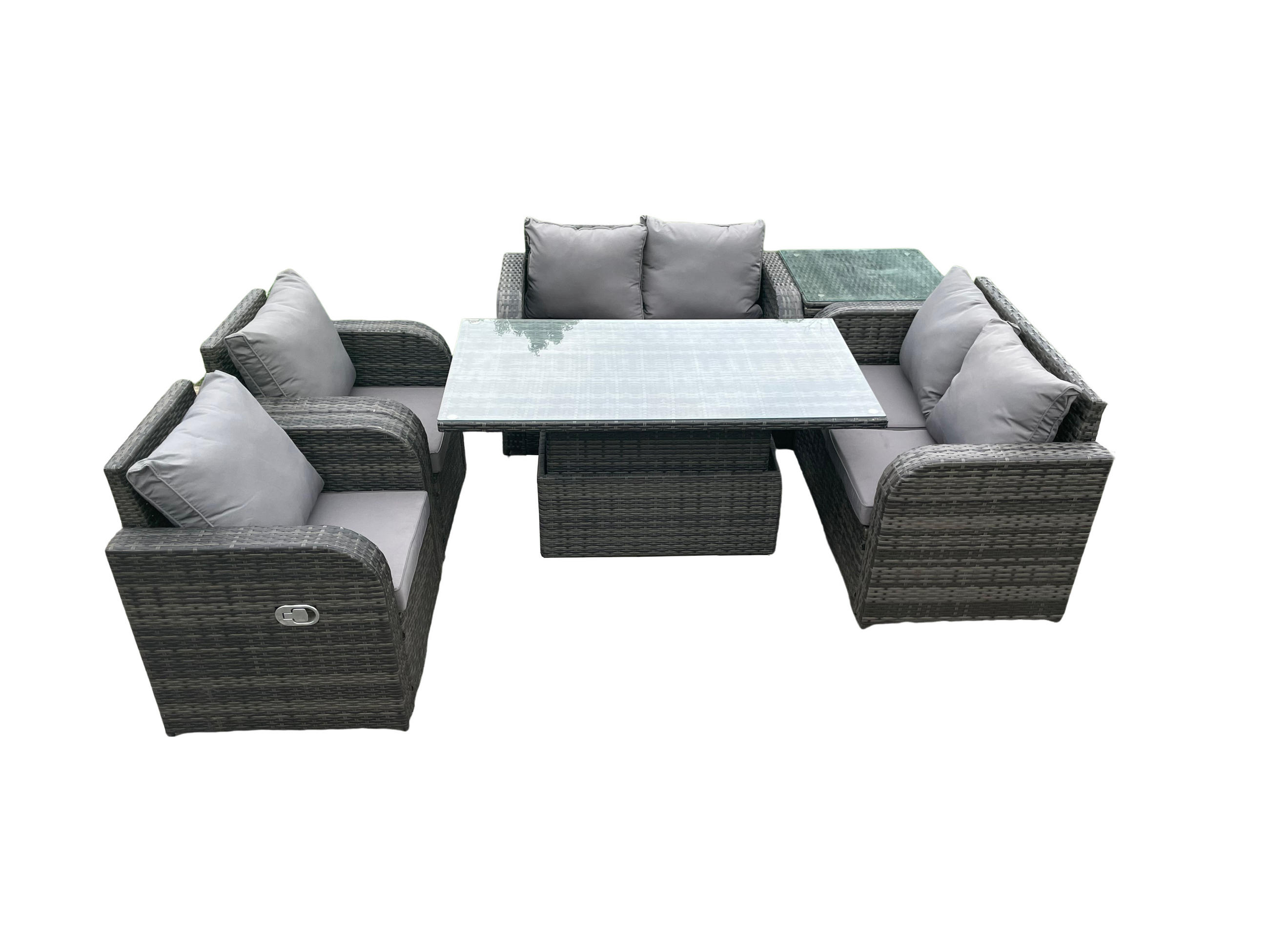 GARTENMÖBEL SET Polyrattan 6-Sitzer - Dunkelgrau/Grau, Glas/Kunststoff - Fimous