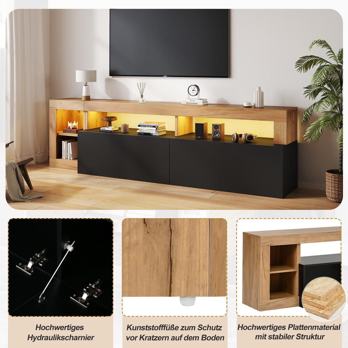 TV-SCHRANK 80 Zoll LED Stauraum Holz Schwarz Lowboard - Schwarz, Holzwerkstoff (184/58/42cm) - FLIEKS