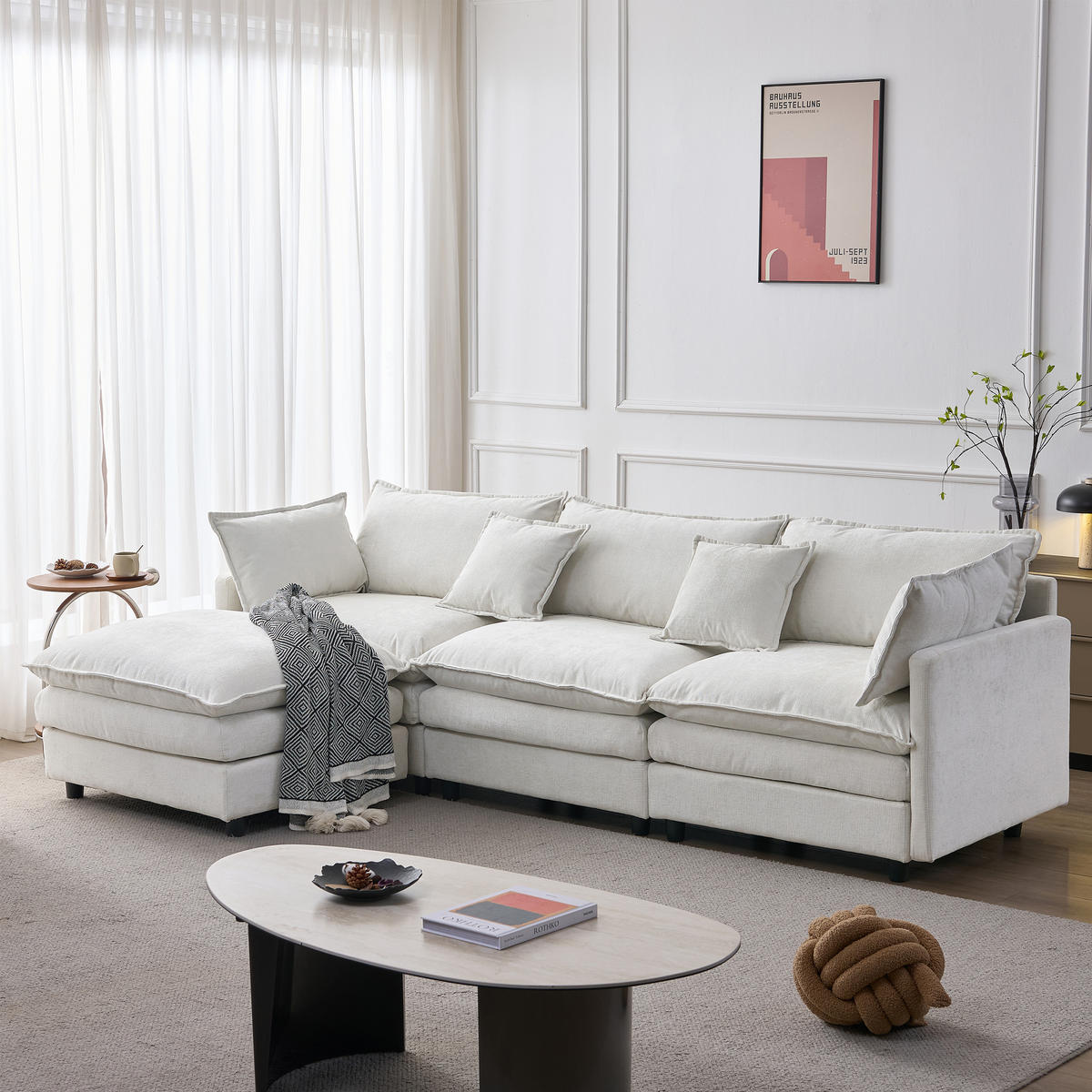 ECKSOFA Chenille Beige mit Hocker und Kissen - Beige, Holzwerkstoff/Kunststoff (267/154cm) - WISHDOR