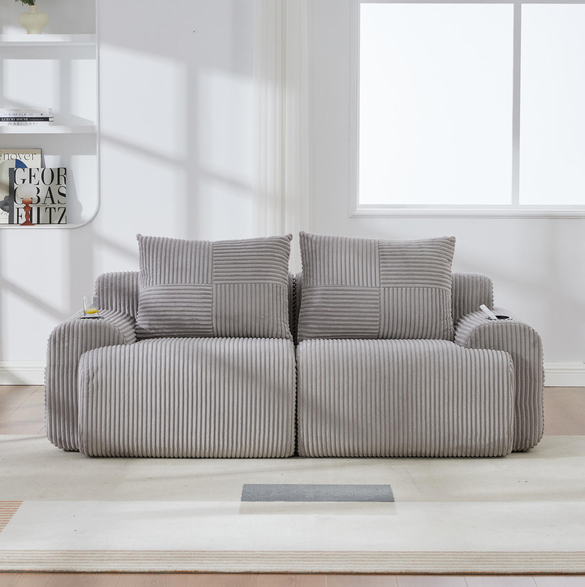 DVOJSEDAČKA 200/99/80 cm světle šedá z kordurové látky s držákem na nápoje a kapsou - světle šedá, textil (99/80/200cm) - OKWISH