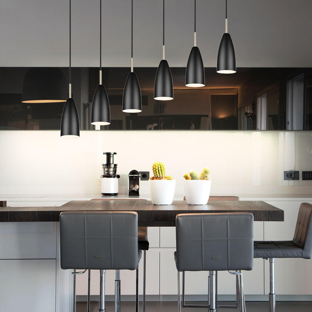 HÄNGELEUCHTE schwarz matt 6-flammig höhenverstellbar - Schwarz, Metall (90/9/150cm)