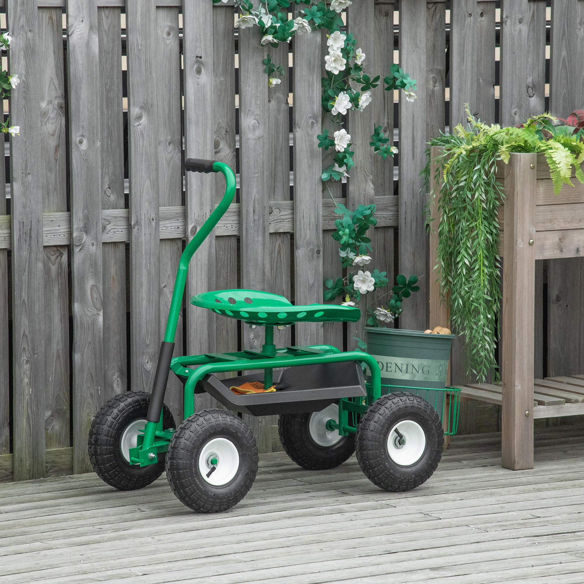 GARTENWAGEN mit Rollsitz bis 150 kg 46-59 cm höhenverstellbar Metall Gummi Grün - Grün, Metall (44.5/59/81cm) - Outsunny