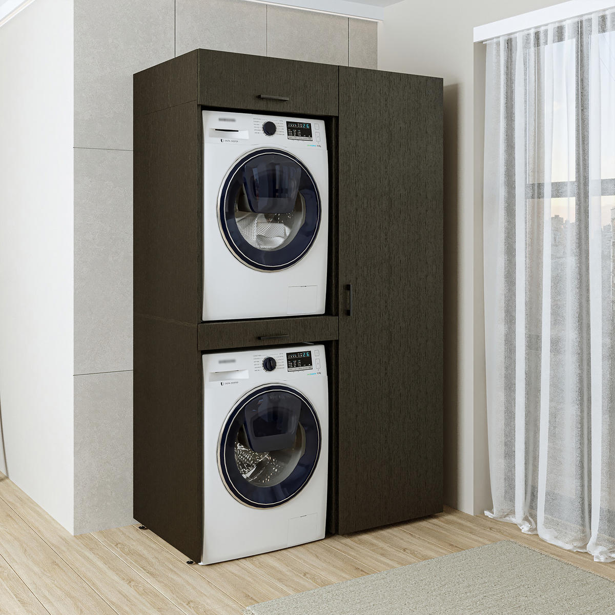 WASCHMASCHINENSCHRANK DUO-I 127cm Breit, 205cm Hoch - Schwarz, Holzwerkstoff (127/205/67cm)