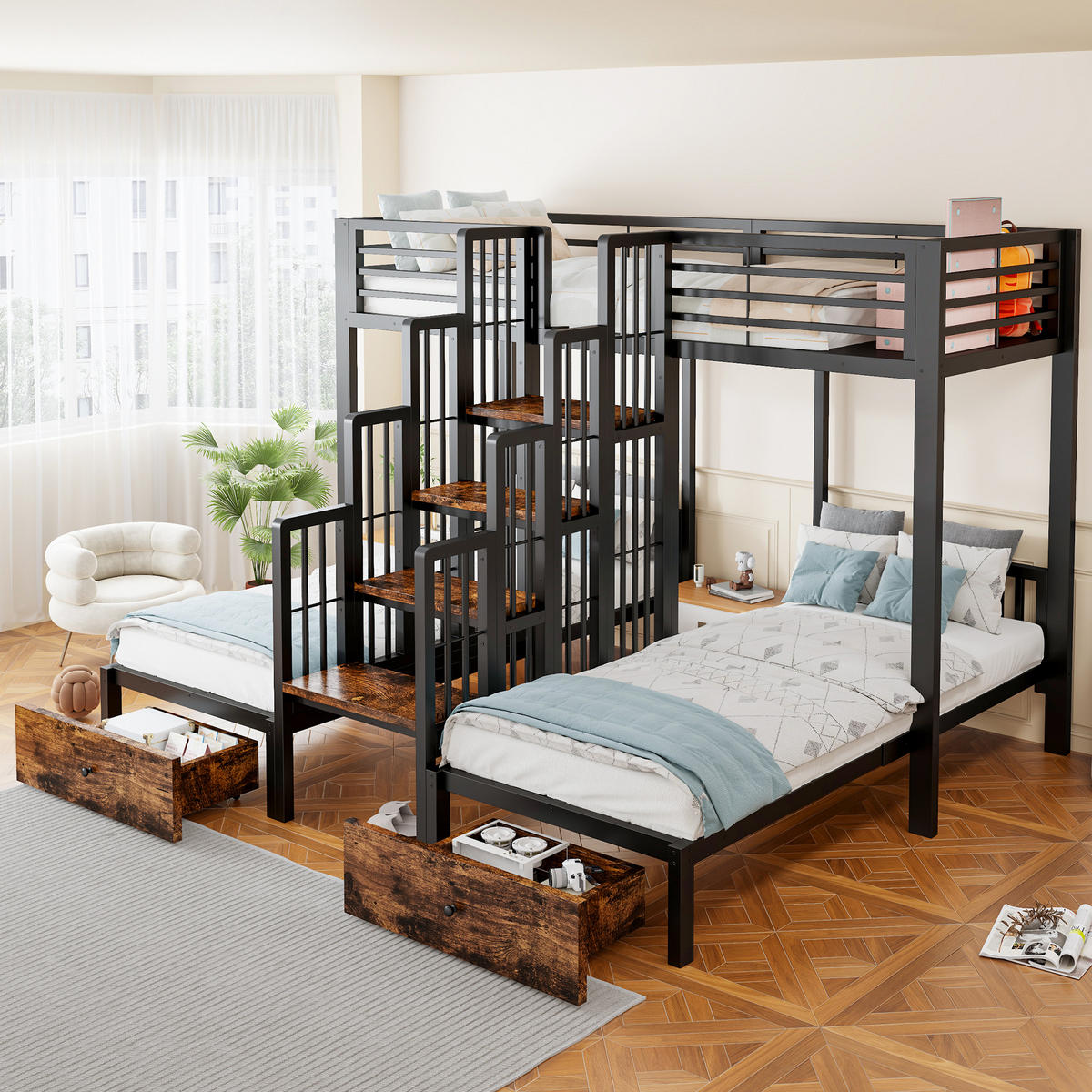 ETAGENBETT 90/200 cm mit Treppe und Schubladen, DE-41595, in Schwarz - Schwarz, Metall (90/200cm) - ComfortXL