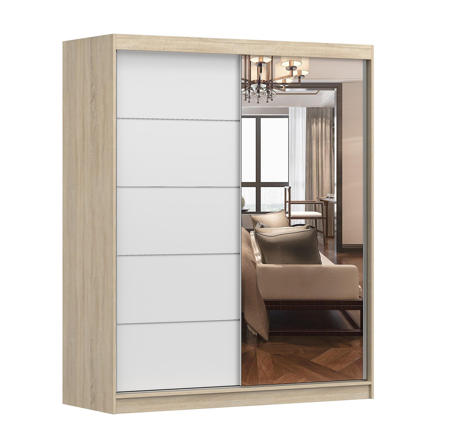 SCHWEBETÜRENSCHRANK BONO 05 Sonoma Eiche/Weiß mit Spiegel 160 cm - Alufarben/Weiß, Holzwerkstoff/Metall (160/195/61cm) - imoebel24