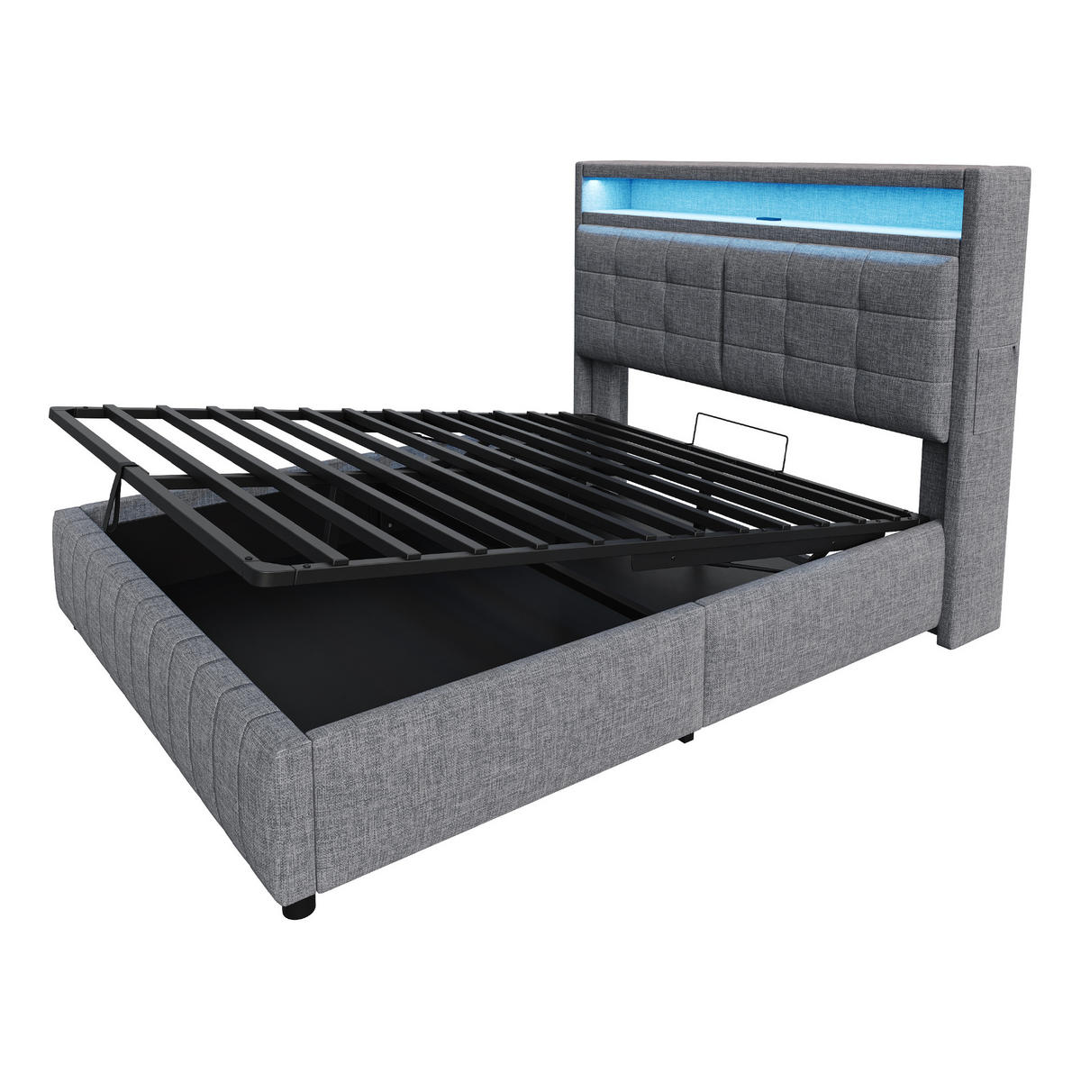 POLSTERBETT 160/200 cm mit LED-Beleuchtung, USB-Anschluss und hydraulischem Stauraum, Leinenbezug, Grau - Grau, Textil (160/200cm) - Redom