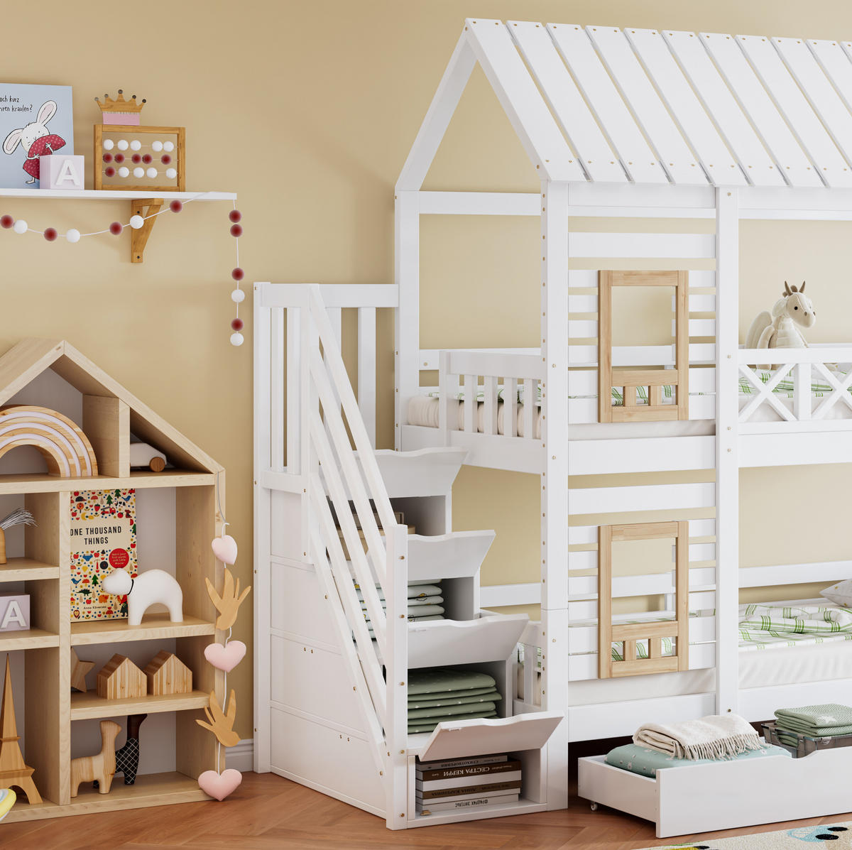 ETAGENBETT 90/200 cm in Weiß/Natur mit Stauraumtreppe und 2 Schubladen - Weiß, Holz (90/200cm) - OKMYHOME