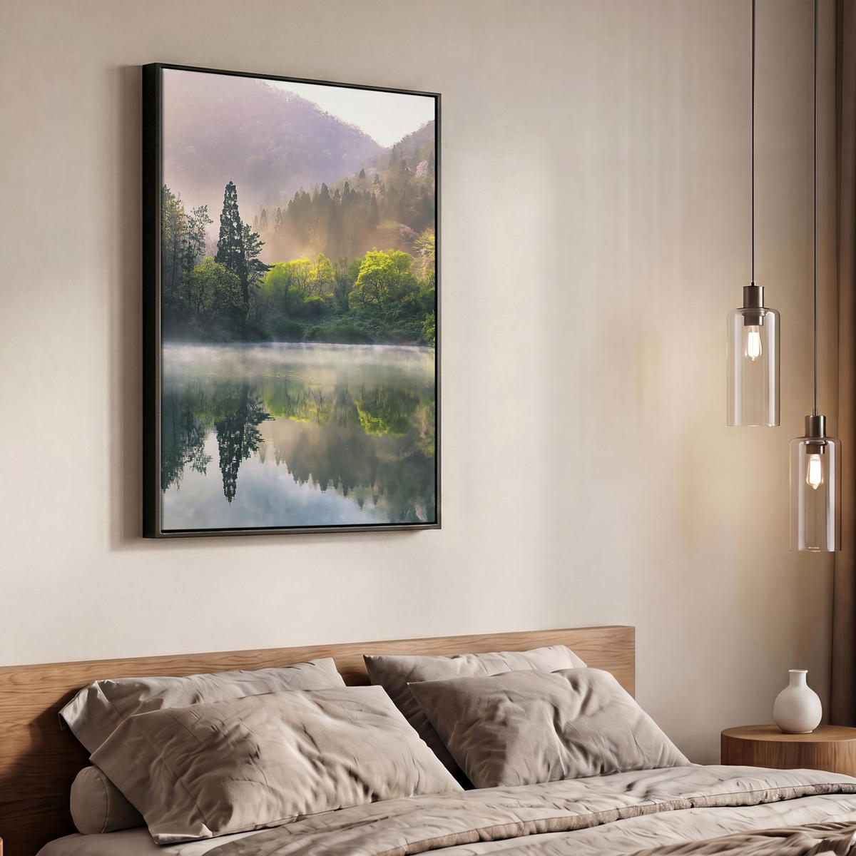 LEINWAND Bilder mit Rahmen - Natur - Bäume - Berge - See - Wasser - 70x100 - Hellgrün, Textil (70/100cm) - MuchoWow