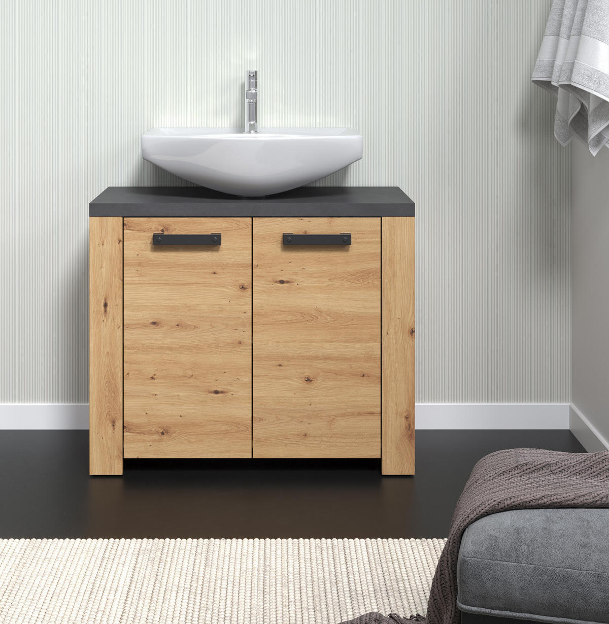 WASCHBECKENUNTERSCHRANK Eiche Artisan, grau 79 x 67 cm, Badezimmer Unterschrank 2-türig - Eichefarben/Schwarz, Holzwerkstoff/Kunststoff (35/67/79cm) - Top.Furn