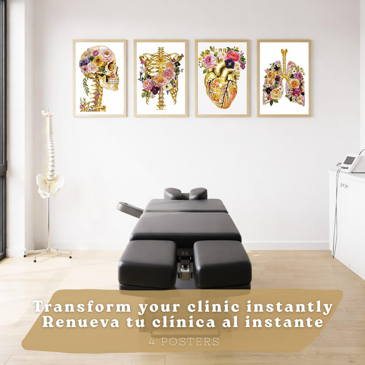 POSTER Set aus 4 Anatomie Mensch Drucke und Wandbilder mit Schädel Skelett Herz und Goldene Lungen Wanddekoration Größe Leichter Holzrahmen A3 - Beige, Papier (29.7/42/3cm) - Nacnic