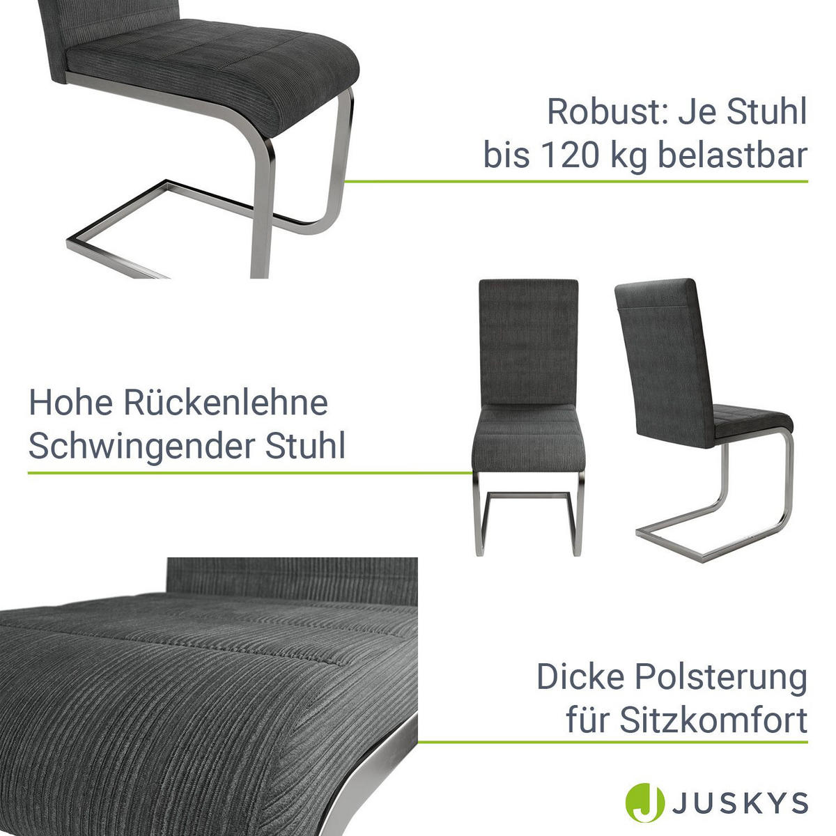 SCHWINGSTUHL Vegas dunkelgrau Cord (4er Set) - Dunkelgrau, Textil (41/101/52cm) - Juskys