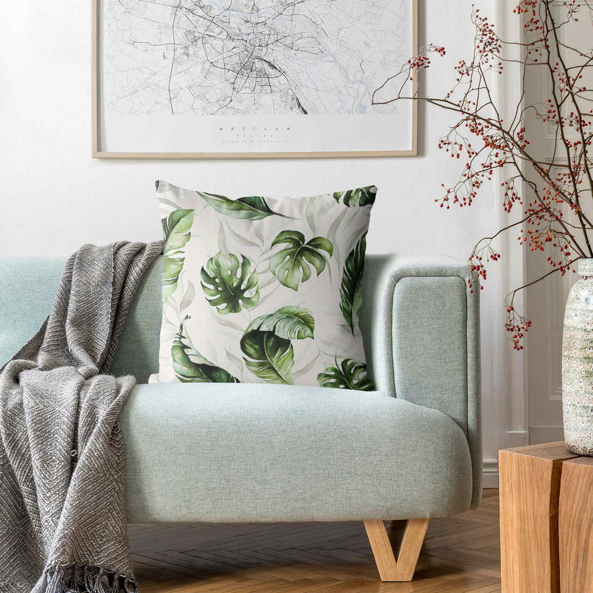 DEKOKISSEN Aquarell Pflanzen Monstera und Palmenblatt 50/50 cm - Grün, Textil (50/50/10cm) - Bilderwelten