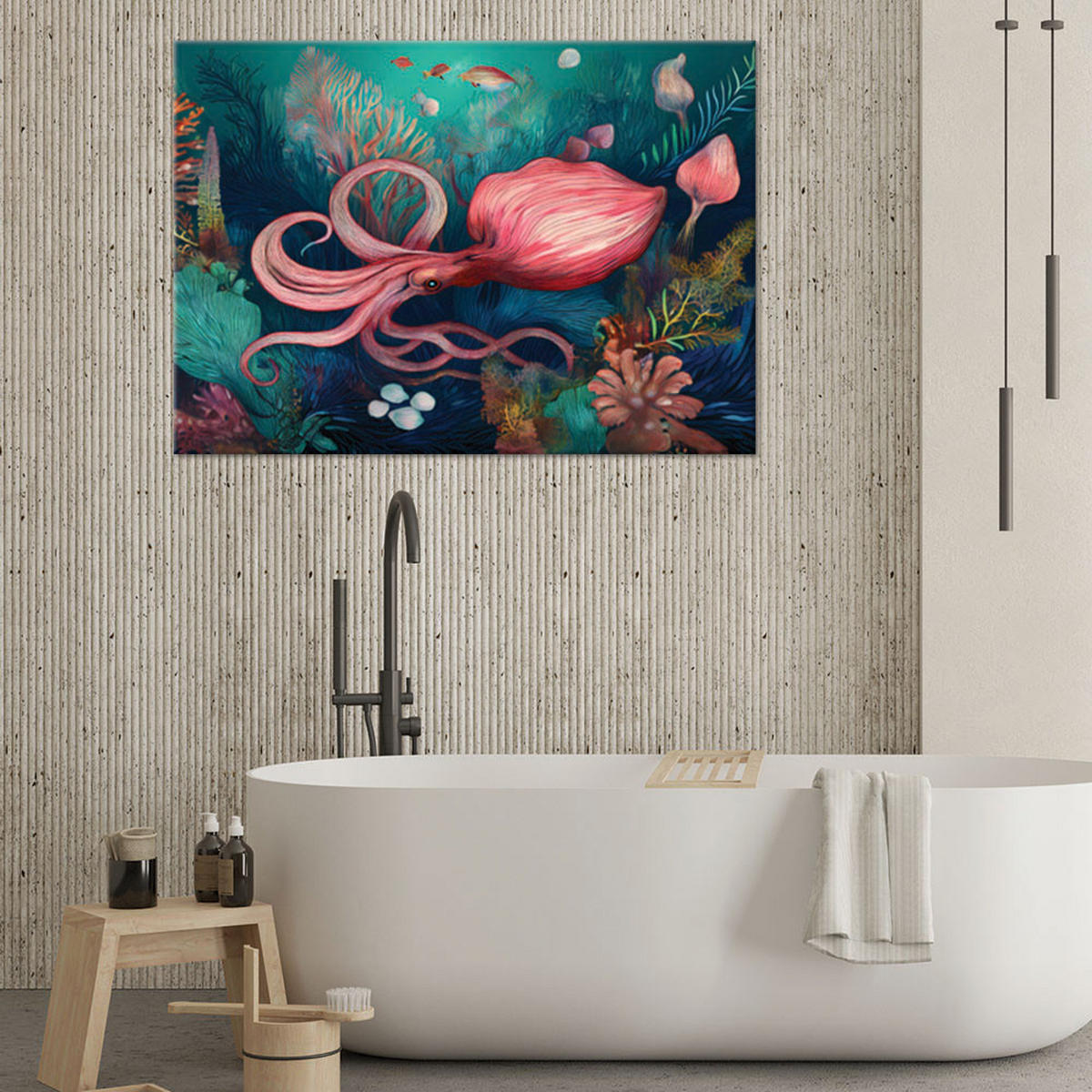 LEINWANDBILD Krakenfisch-Korallenriff - Türkis, Textil (100/70cm) - Feeby