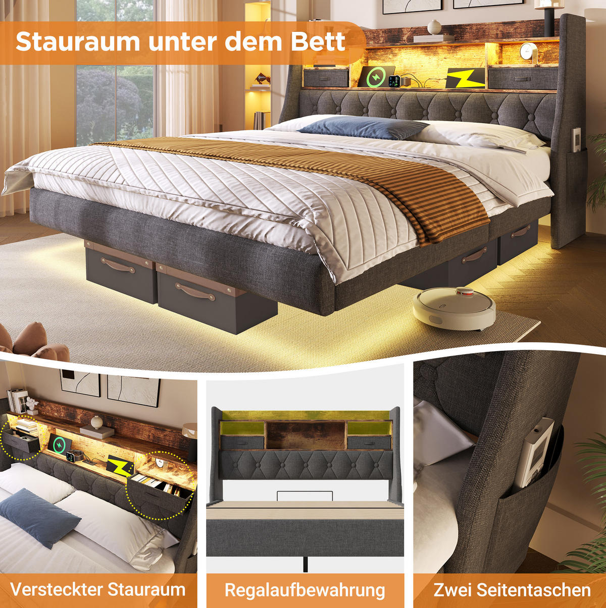 POLSTERBETT 180/200 cm Grau aus Leinen mit LED-Beleuchtung und Ladestation - Grau, Textil (180/200cm) - OKMYHOME