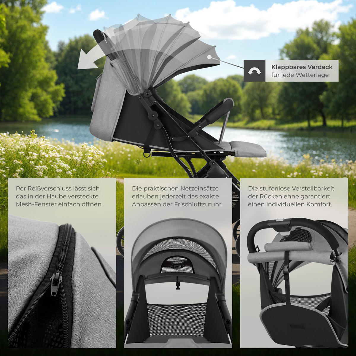 BUGGY-KINDERWAGEN Finn,für 0 bis 36 Monate geeignet, Belastbarkeit 15 kg,grau - Grau, Textil (95/51/105cm) - tectake