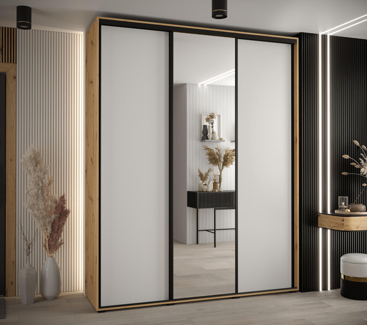 SCHWEBETÜRENSCHRANK 235,2/190/45 3-türig - Schwarz/Weiß, Holz/Metall (190/235/45cm) - Abiks Möbel