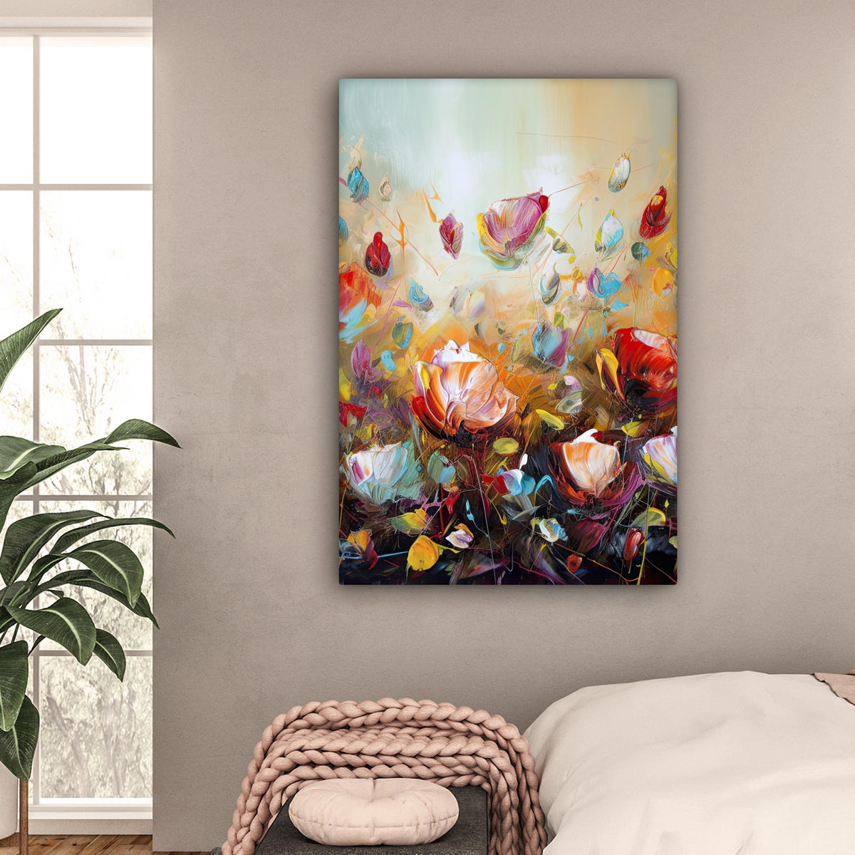 LEINWANDBILD Blumen - Kunst - Natur - Ölgemälde 80x120 cm - Multicolor, Textil (80/120cm) - MuchoWow